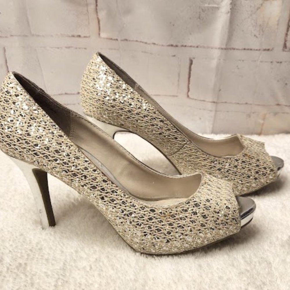 Audrey Brooke Metallic and Lace Peep Toe Heel